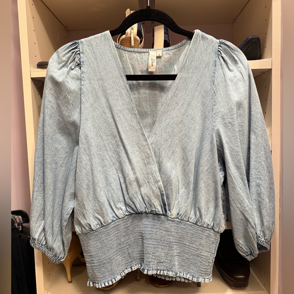 Elan light denim flowy Sleeve Wrap Blouse